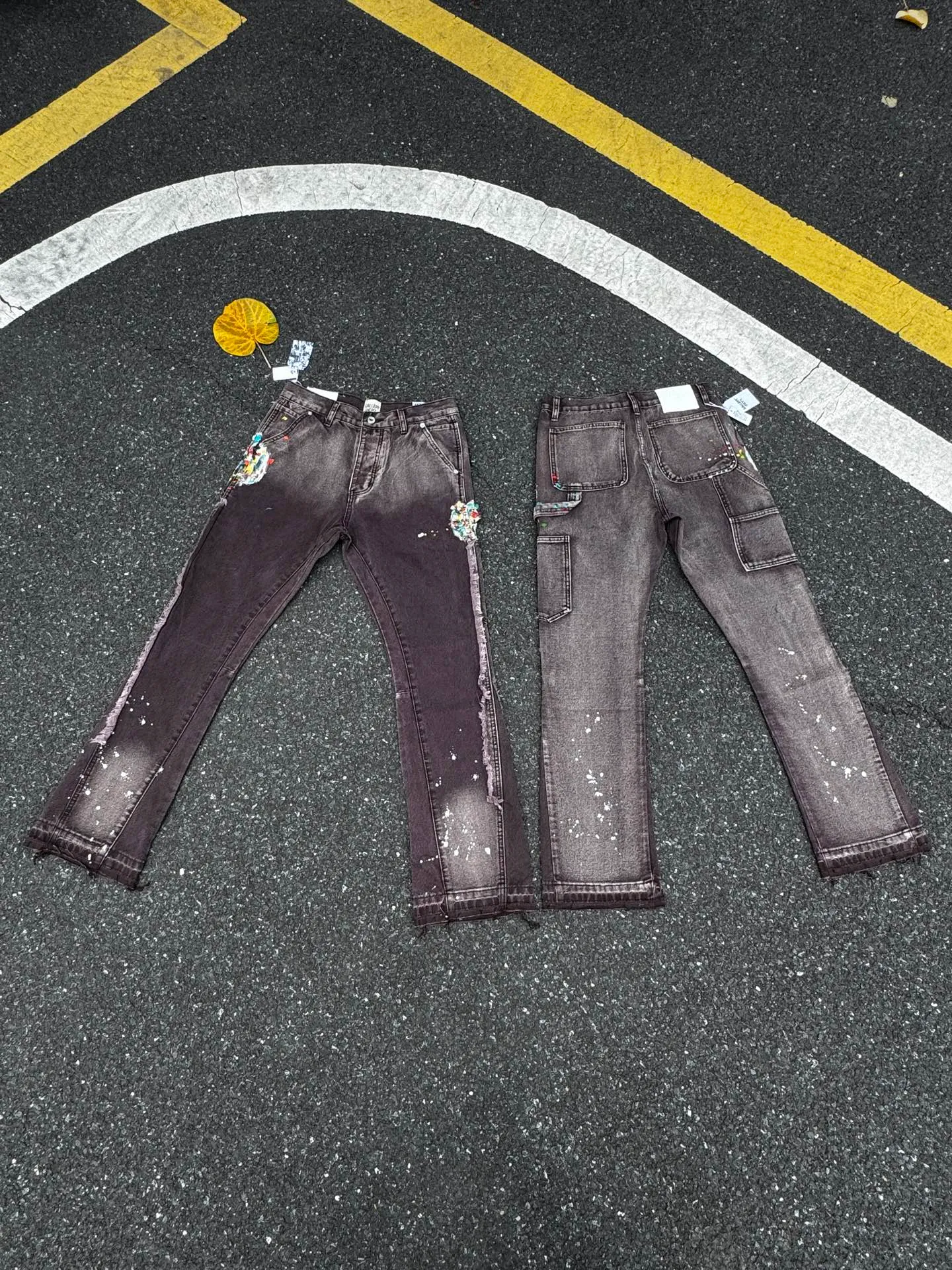 P250💰G90 Top GALLERY DEPT. Spliced ​​logging splash ink denim bell-bottom pants washed and distressed spliced ​​jeans bootcut jeans for men and women - code number: 28 30 32 34 36
